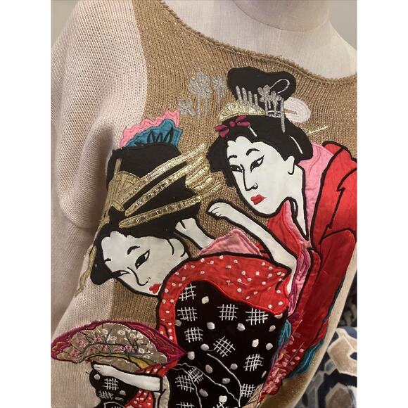VTG Bonnie Boerer S/P Cream Gold Metallic Sweater Japanese Geisha Applique EUC - Picture 2 of 9